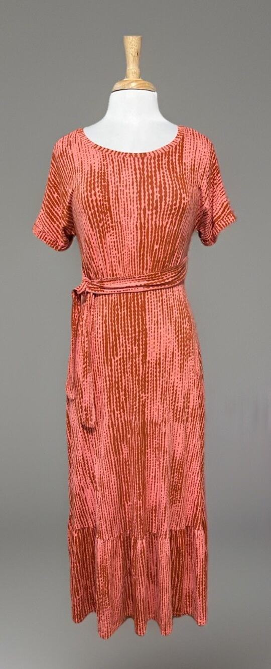 New Directions Coral Red Tiered Belt Boho Maxi Dress Beachy Coastal Casual sz S